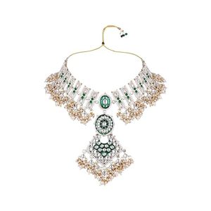 Parure de bijoux en alliage plaqué or rose avec collier, boucles d'oreilles et coiffe, ornée de cristaux verts, strass, perles et pompons, pour femme, mariage - Product Image 3