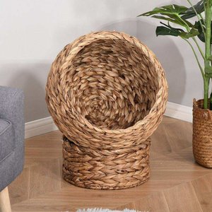 Soporte de cama para gatos hecho a mano natural, jacinto de agua, casa interior para mascotas con cesta de almacenamiento de algas marinas, cojín suave y patrón de animales - Product Image 1