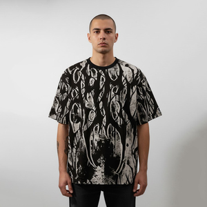 เสื้อยืดผู้ชายพิมพ์ลายกราฟิกทั้งตัว สีดำขาว สไตล์กรันจ์ สตรีทแวร์ ผ้าคอตตอนหนา ทรงโอเวอร์ไซส์ วินเทจ ลุคซักยีนส์ แขนสั้น - Product Image 5