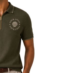 Polo Verde Oliva para Hombre con Cierre, Logotipo Personalizado Bordado, Manga Corta, Textura Acanalada, Mezcla de Algodón, Camisa de Golf Casual de Lujo OEM - Product Image 4