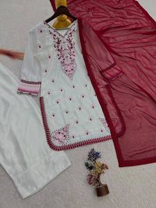 <b>Women's</b> <b>White</b> Embroidered Silk Anarkali <b>Suit</b> Palazzo Pants Maroon Dupatta Indian Pakistani Ethnic Wear Shreeji Fashion Quick Dry - Product Image 3