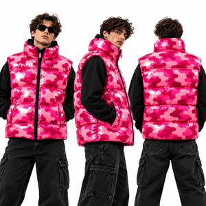 <b>Men's</b> <b>Pink</b> Glossy Camouflage Quilted Puffer Vest Stand Collar Zipper Sleeveless <b>Waistcoat</b> - Product Image 6