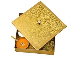 Ethnic Indian Brass <b>Masala</b> Dabba With Floral Engraved Lid & Spoon Round Multi Bowl Spice Storage <b>Box</b> For Home Kitchen - Product Image 6