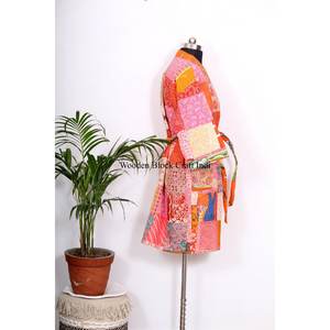 Kimono hecho a mano, ecológico, multicolor, de algodón y seda Kantha, de doble capa, con patchwork, para mujer, con bolsillos, estilo casual elegante, natural. - Product Image 5