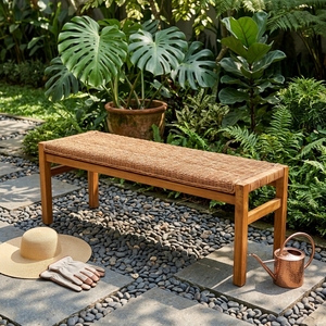 New Modern Minimalist Ciaro Wooden <b>Bench</b> Natural Solid Teak Wood Red Pulut Rattan Webbing Long <b>Bench</b> Dining Chair Patio Garden - Product Image 4