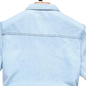Mens Light Wash <b>Distressed</b> Denim Shirt Short Sleeve Button Down Casual Jean Shirt Two Pocket Summer Streetwear <b>Top</b> Fit - Product Image 4