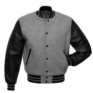 Veste grise de baseball avec manches en cuir, veste en chenille brodée style collage - Product Image 5
