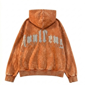 Sweat à capuche oversize pour homme, style streetwear, délavé à l'acide, imprimé lettres, broderie chenille, couleur foncée - Product Image 3