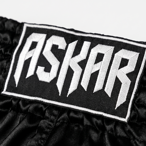 Shorts de boxe Askar unisexe noirs, séchage rapide, respirants, légers, en coton/polyester, vêtements d'arts martiaux pour adultes, coupe ample, logo sur le devant - Product Image 3