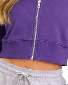 Sweat à capuche zippé court pour femme, violet, en molleton de coton, coupe ajustée, style streetwear décontracté, veste légère pour femme - Product Image 6
