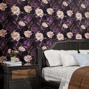 Carta da Parati Adesiva Floreale Scura Viola/Oro con Rose, Rivestimento Murale Impermeabile Autoadesivo - Product Image 4