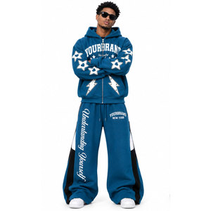 Ensemble de survêtement épais bleu délavé à l'acide, écologique, à capuche, coupe droite, style streetwear, avec logo blanc - Product Image 5