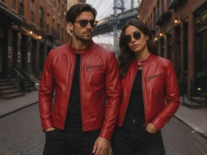 Unisex Red Cafe <b>Racer</b> Leather <b>Jacket</b> Slim Fit Stand Collar Biker Coat - Product Image 4