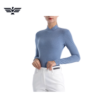 Camiseta de manga larga de punto para mujer, cuello alto, color sólido, transpirable, de secado rápido, para equitación, licra/poliéster, personalizada