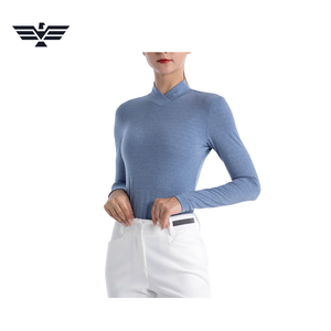 Chemise de sport pour femmes, tricotée, manches longues, col haut, couleur unie, respirante, séchage rapide, pour l'équitation, en spandex/polyester, personnalisable - Product Image 2