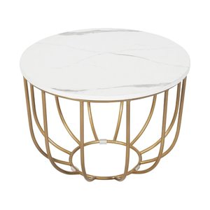 Modern Round Coffee <b>Table</b> with Wooden <b>Top</b> and Gold Cage Base Geometric Metal Frame Accent <b>Table</b> for Living Room <b>Decor</b> - Product Image 5