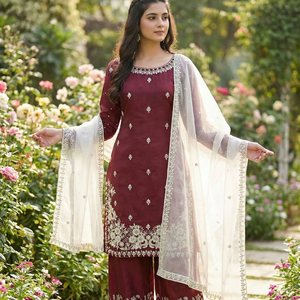 Ensemble ethnique prêt-à-porter pour femme en soie pure avec broderie lourde et travail de sequins, haut à manches longues, pantalon palazzo et dupatta en organza - Product Image 1