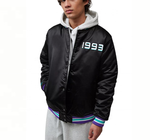 Blouson Bomber en Jean Personnalisé pour Homme, Style Vintage, Satiné, Hiver, Nouvelle Collection, Imprimé Couleurs, Lettres en Soie, Type Letterman Varsity sur le Devant - Product Image 1