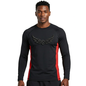 Men's <b>Black</b> Long Sleeve Rash Guard With Red Side Panels Embossed <b>Wing</b> Logo Quick Dry Compression Shirt - Product Image 1
