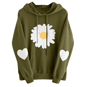 เสื้อฮู้ดแฟชั่นยูนิเซ็กส์ สีเขียวมะกอก พิมพ์ลายดอกเดซี่ ทรงโอเวอร์ไซส์ สวมใส่สบาย ผ้าถักนิตติ้ง คอตตอน เหมาะสำหรับใส่ในฤดูใบไม้ผลิ - Product Image 1