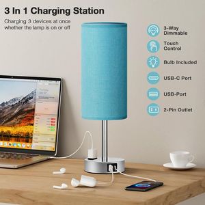 Lampada da Tavolo Turchese Dimmerabile a 3 Modalità con Porte di Ricarica USB-C e Presa AC, Piccola Lampada da Comodino - Product Image 4