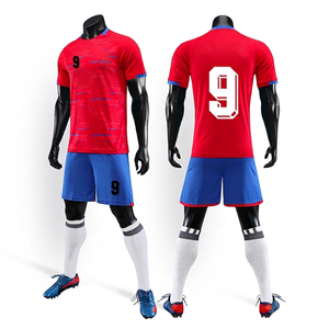 ชุดฟุตบอลสั่งทำพิเศษ สีแดงน้ำเงิน เสื้อเจอร์ซีย์ กางเกงขาสั้น เบอร์ 9 พิมพ์ลายด้วยความร้อน ระบายเหงื่อได้ดี แห้งเร็ว ด้านหน้า - Product Image 1