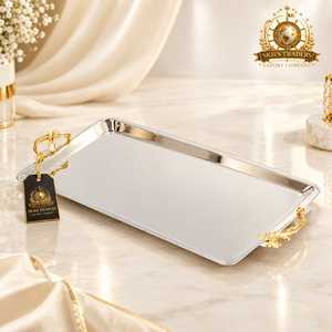 Stainless Steel <b>Mirrored</b> Serving <b>Tray</b> With Silver Handles Rectangular Glass Metal Platter For Coffee Table And Vanity - Product Image 4