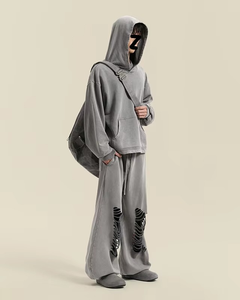 Conjunto de Sudadera y Pantalones Deportivos Holgados de Alta Calidad, Estilo Streetwear, con Efecto Desgastado y Lavado Ácido, para Hombre - Product Image 3