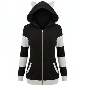 Sweat-shirt à capuche épais en polaire respirant pour femme, avec oreilles de chat, fermeture éclair, blocs de couleur mignons, poches, 100 % polyester, idéal pour l'automne et l'hiver - Product Image 1