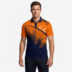 Men's Short Sleeve <b>Polo</b> Shirt <b>Orange</b> Navy Geometric Print Quick Dry Polyester Sporty Regular Fit - Product Image 4