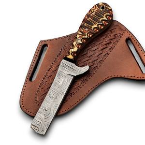 Cuchillo de caza y supervivencia de acero de Damasco de espiga completa de alta calidad con mango de madera Pakka para exteriores, estilo vaquero, ODM - Product Image 1