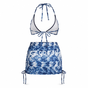 Women’s Blue Tie Dye <b>Two</b> <b>Piece</b> Beachwear <b>Set</b> With Halter Bikini Top And Adjustable Ruched Swim Skirt - Product Image 4