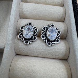 Handmade 925 Sterling <b>Silver</b> Oval Cubic Zirconia <b>Stud</b> Earrings Vintage Beaded Style Fine Jewelry Wholesale - Product Image 4