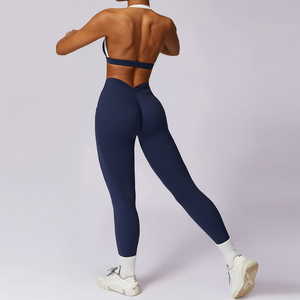 Ensembles de yoga tendance pour femmes, 2 pièces, manches courtes, extensibles, en Spandex/Nylon, avec logo frontal, pour la gym et l'entraînement - Product Image 1