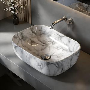 อ่างล้างหน้าหินอ่อนสีขาวพรีเมียมหรูหราพร้อมลายเส้นสีเทา-เป็นมิตรกับสิ่งแวดล้อม ทนทาน เหมาะสำหรับห้องน้ำ - Product Image 2