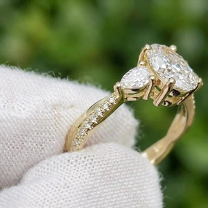 Sparkledge Creation LR-28 Durable 3CT Oval Lab Grown Diamond Three <b>Stone</b> Engagement <b>Ring</b> E VVS2 Pear Accent Gold IGI Certified - Product Image 4