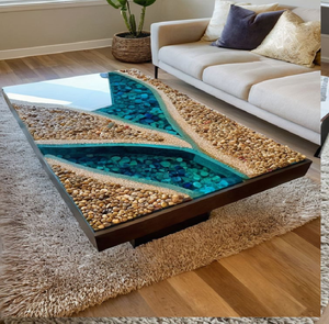 Cette table ronde moderne en résine présente un mélange parfait de formes en bois organique et de touches bleues, disponible à prix de gros. - Product Image 6