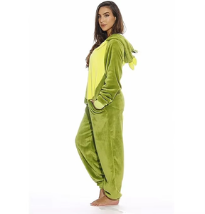 Combinaison de nuit à capuche personnalisée en molleton vert pour femme, motif dinosaure, longueur intégrale, fermeture éclair sur le devant, douce, pour l'automne - Product Image 2