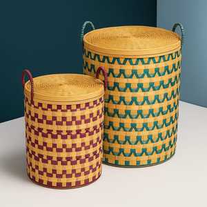 Cesta de Almacenamiento Redonda Rústica de Bambú Tejida a Mano, Multiusos, para Ropa y Juguetes, con Asas |   Forro de tapa opcional |   Biodegradable - Product Image 5