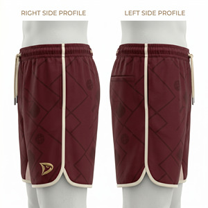 Shorts de pickleball bordeaux personnalisés en gros avec impression sublimée sur le terrain, passepoil crème et poches zippées - Product Image 4