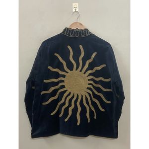 Hand Embroidered <b>Velvet</b> <b>Jacket</b> <b>Women</b> Mandarin Collar Full Sleeve Geometric Sun Pattern Open Front Coat Autumn - Product Image 5