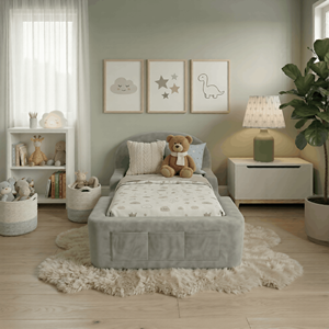 Lit bébé moderne pour enfants avec tissus en velours, structure entièrement en mousse, meubles de chambre à coucher - Product Image 3