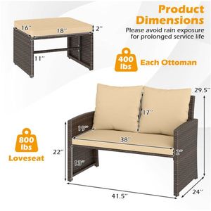 Conjunto de Muebles de Patio para Exteriores con Sofá de Dos Plazas de Ratán PE y 2 Otomanas con Cojines Extraíbles en Estructura Metálica - Product Image 6