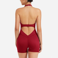 Combinaison moulante à col halter froncé pour femme, une pièce, col en V, avec soutien-gorge rembourré pour le fitness et la gym