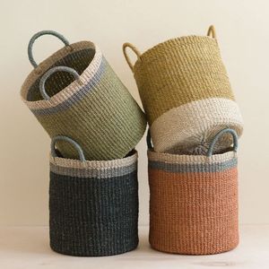 Paniers de rangement en fibres végétales de style nordique avec poignées, forme ronde, ensemble de contenants multi-usages pour l'organisation - Product Image 1