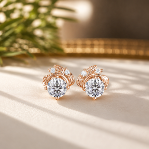 Boucles d'oreilles clous de fiançailles en or jaune vermeil 18 carats avec moissanite taille brillant rond et motif feuille florale pour femme - Product Image 4
