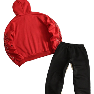 Ensemble survêtement homme personnalisé en molleton épais, avec sweat à capuche et pantalon de survêtement, imprimé graphique rouge 8 Ball Eye Cross, style streetwear Y2K clouté - Product Image 2