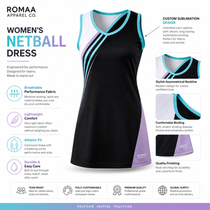 Vestido de Netball Personalizado en Negro, Blanco, Aqua y Lila para Mujer, Sin Mangas, Cuello en V Asimétrico, Secado Rápido, Uniforme Deportivo para Equipo - Product Image 2