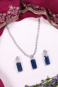 Conjunto de Collar y Pendientes Largos Elegantes con Forma Geométrica Rectangular, de Acero Inoxidable con Piedra Azul, para Mujer - Product Image 2