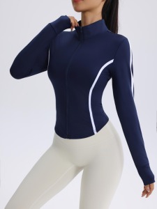 Chaqueta de yoga de manga larga con cremallera para mujer, cuello simulado, color azul marino, con franja lateral en contraste, top deportivo. - Product Image 6